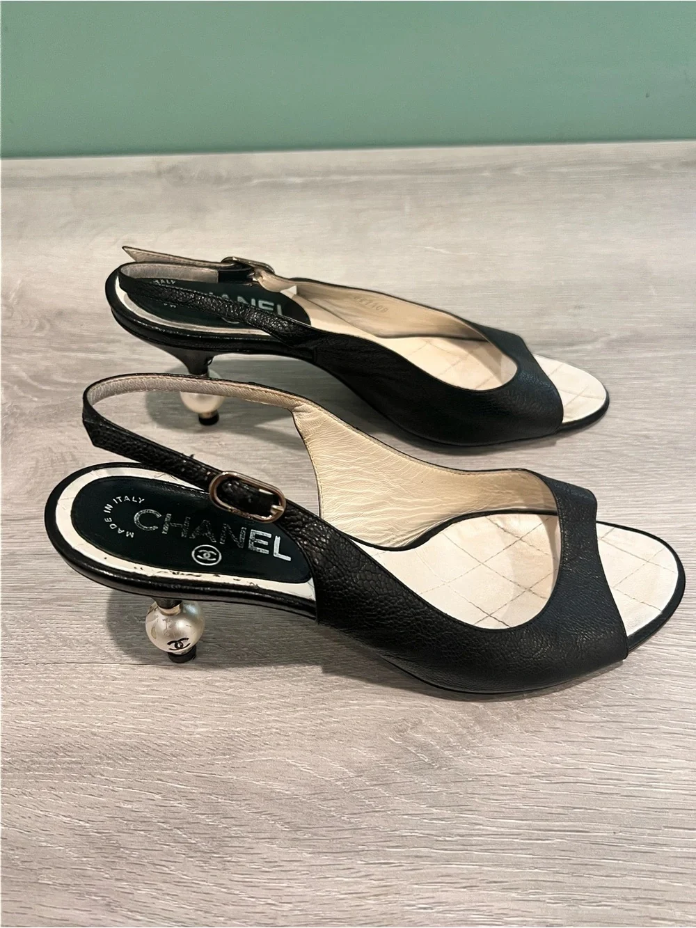 CHANEL Black Open Toe Slingback Pearl Heel